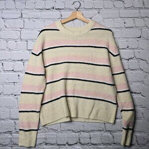 HM Divided Wool Blend Cream Pink Black Stripe Crew Neck Knit Sweater Size S